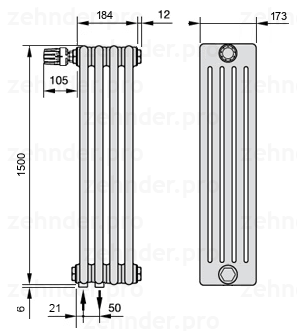 Схема (чертеж) Радиатор Zehnder Charleston 5150/4 №V001 Белый глянцевый RAL 9016
